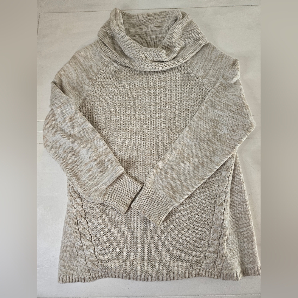 Croft & Barrow Sweater Cowl Neck Tan And White Womens Size Large